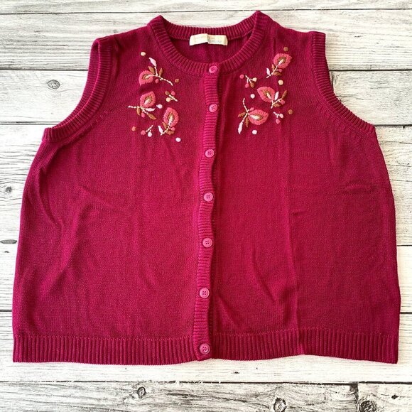 Vintage 90s Burgundy Floral Embroidered Cardigan Sweater Vest - Picture 1 of 13